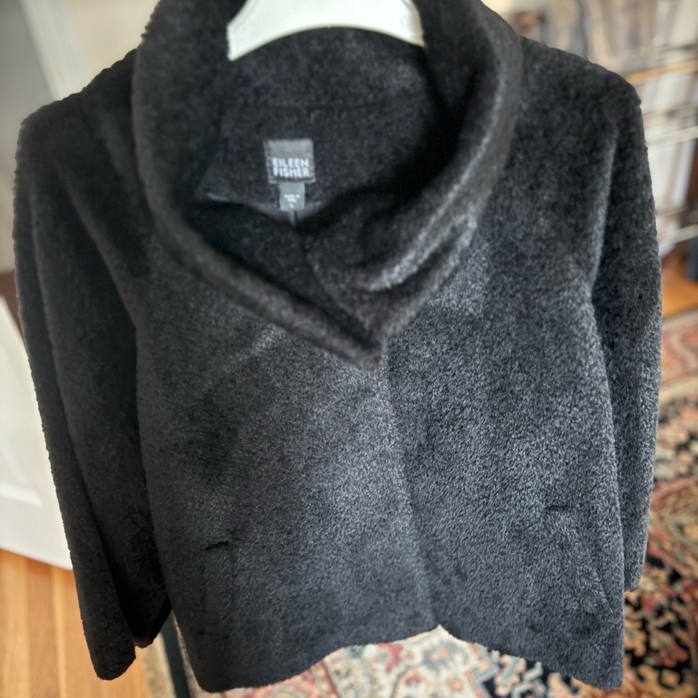 Eileen Fisher Black Alpaca Fur 2 Snap Jacket